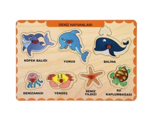 Ahşap Tutmalı Puzzle - Deniz Hayvanları